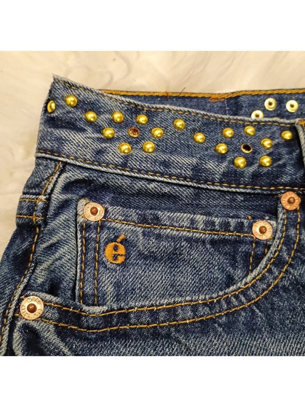 Ética Womens Denim Mini Skirt Blue Size 24 Organic Cotton Studded Frayed Hem New - Picture 8 of 15
